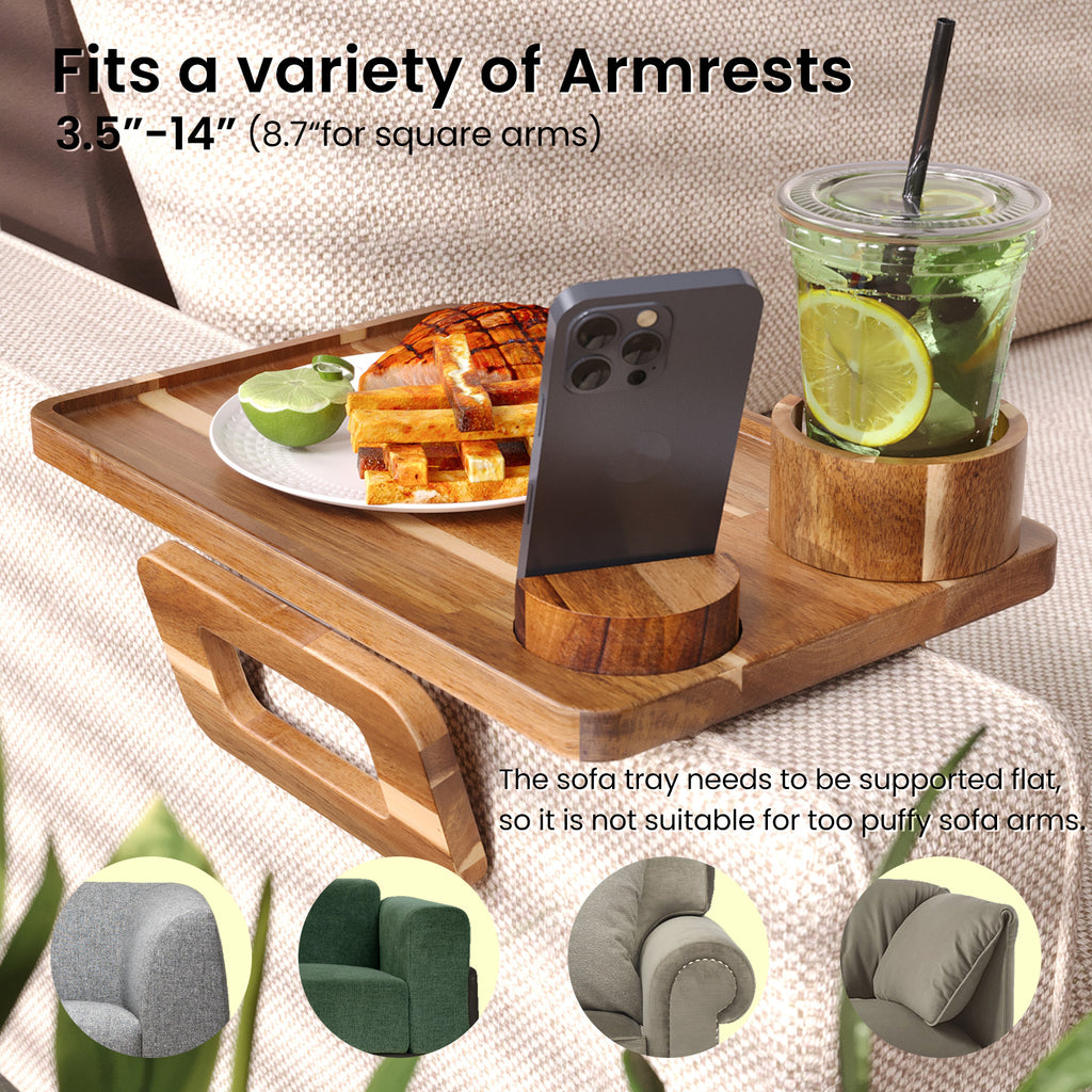 3 in 1 Acacia Wood Couch Arm Tray,Couch Tray with Cup Holder and Phone Holder,Folding Sofa Armrest Tray Clip-On Sofas Desk for Drinks,Snacks,Phone,Remote Control