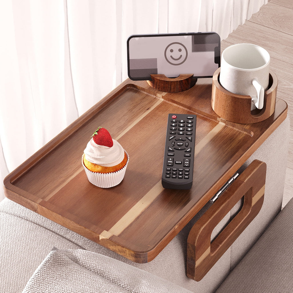3 in 1 Acacia Wood Couch Arm Tray,Couch Tray with Cup Holder and Phone Holder,Folding Sofa Armrest Tray Clip-On Sofas Desk for Drinks,Snacks,Phone,Remote Control