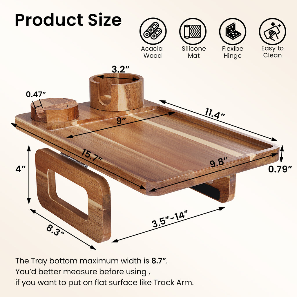 3 in 1 Acacia Wood Couch Arm Tray,Couch Tray with Cup Holder and Phone Holder,Folding Sofa Armrest Tray Clip-On Sofas Desk for Drinks,Snacks,Phone,Remote Control