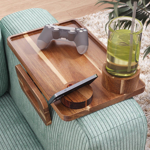 3 in 1 Acacia Wood Couch Arm Tray,Couch Tray with Cup Holder and Phone Holder,Folding Sofa Armrest Tray Clip-On Sofas Desk for Drinks,Snacks,Phone,Remote Control