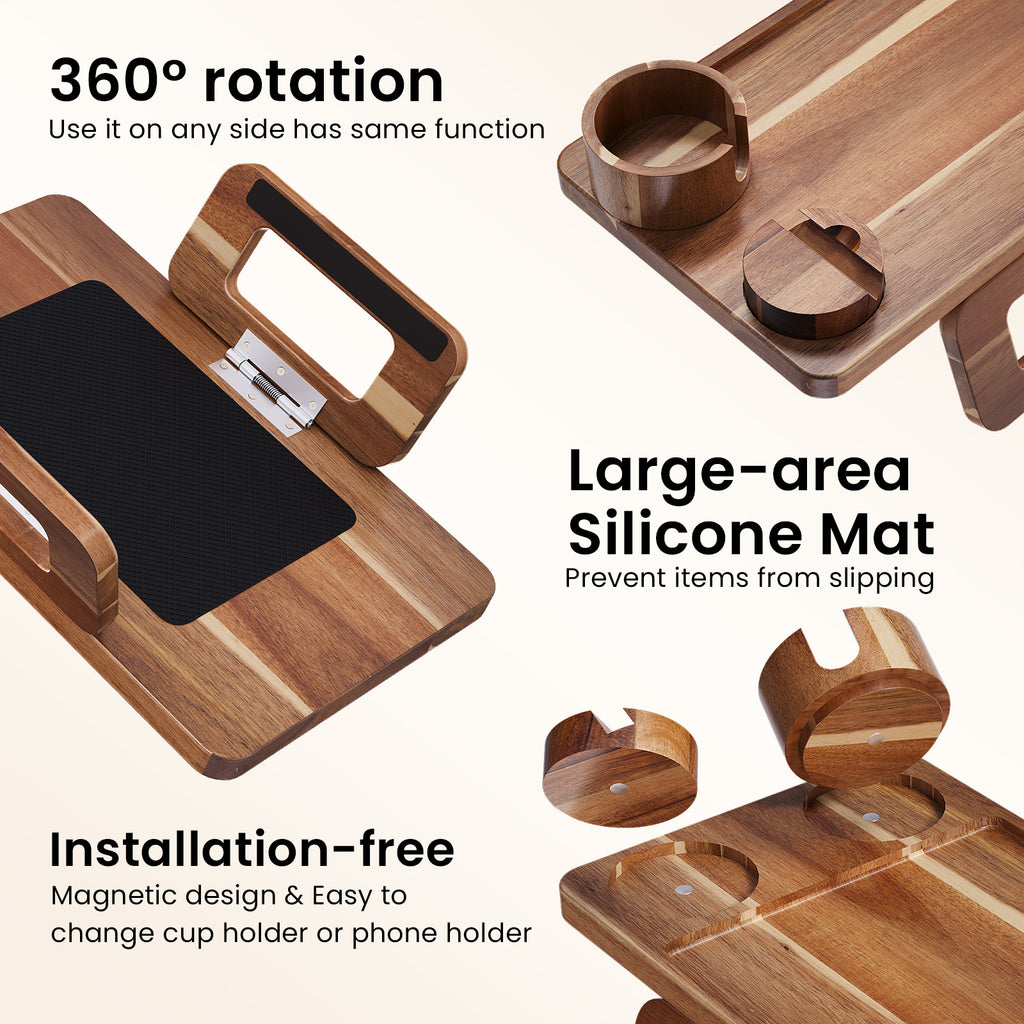 3 in 1 Acacia Wood Couch Arm Tray,Couch Tray with Cup Holder and Phone Holder,Folding Sofa Armrest Tray Clip-On Sofas Desk for Drinks,Snacks,Phone,Remote Control
