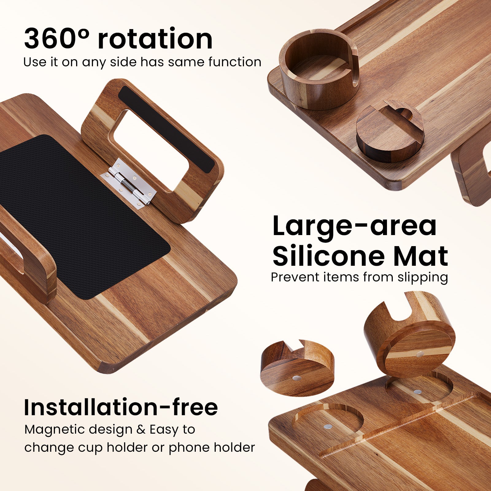 3 in 1 Acacia Wood Couch Arm Tray,Couch Tray with Cup Holder and Phone Holder,Folding Sofa Armrest Tray Clip-On Sofas Desk for Drinks,Snacks,Phone,Remote Control